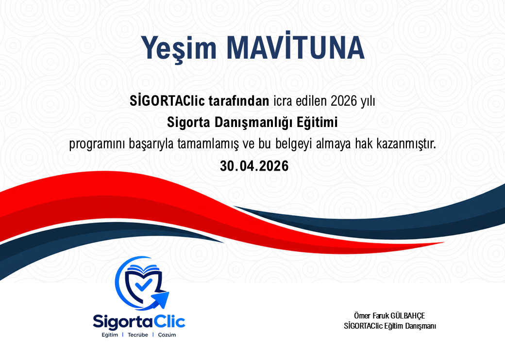 SigortaClic Sigorta Danışmanlığı Eğitimi örnek sertifikası